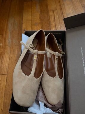 Franco Sarto Light Beige Suede T-Strap Flats